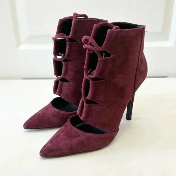 Aldo Ankle Boots Lace Up High Stiletto Heel CutOut Burgundy Suede Size 7.5 - Picture 8 of 16